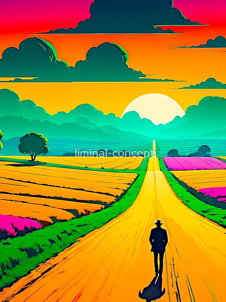 Colourful Pop Art Style Lone Figure On A Deserted Road by liminal-concept