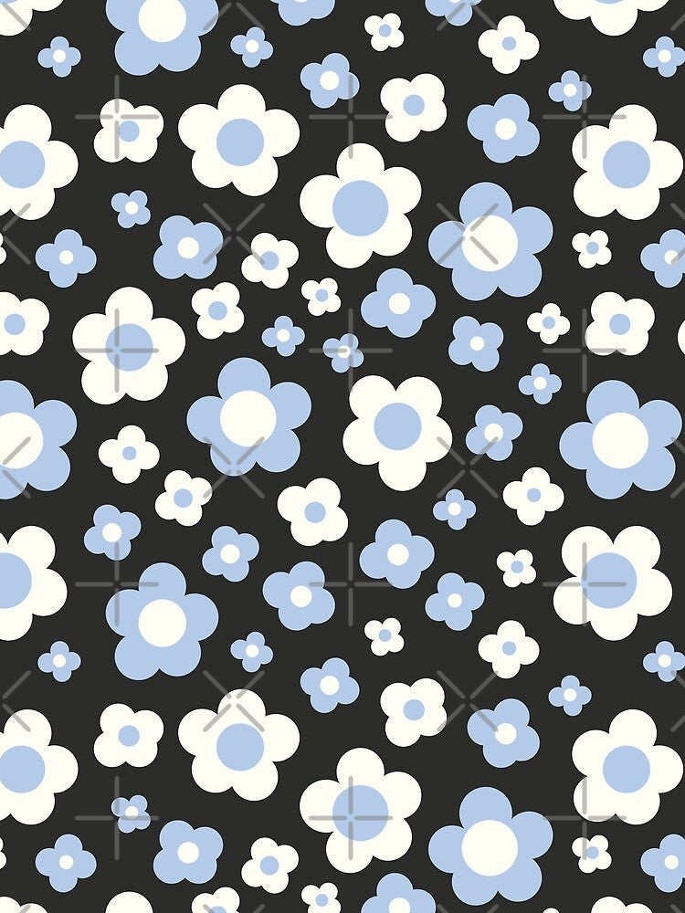 black and blue groovy retro y2k 2000s big pastel flower power 1960s 60s 70s danish aesthetics coconut girl ditsy daisies by blomastudios