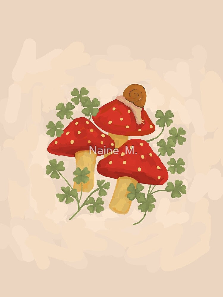 Whimsical Red Mushrooms with Snail and Lucky Clovers by Naine  M.