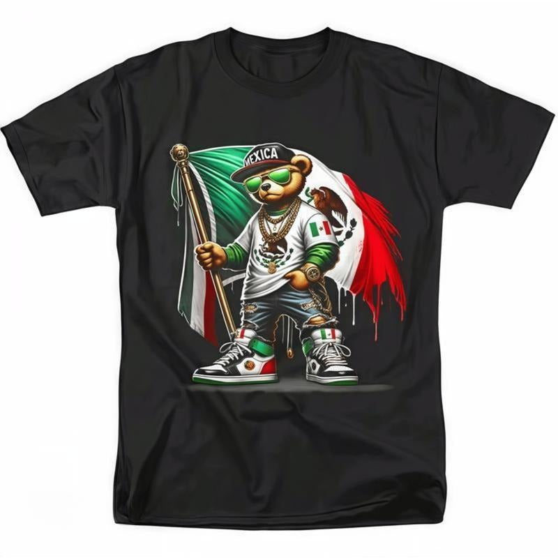 graphic tees Mens Fashionable Crew Neck T-Shirt Comfortable Fit,PatternedPrint Cool Mexican Flag Bear Tee  Celebrate in...