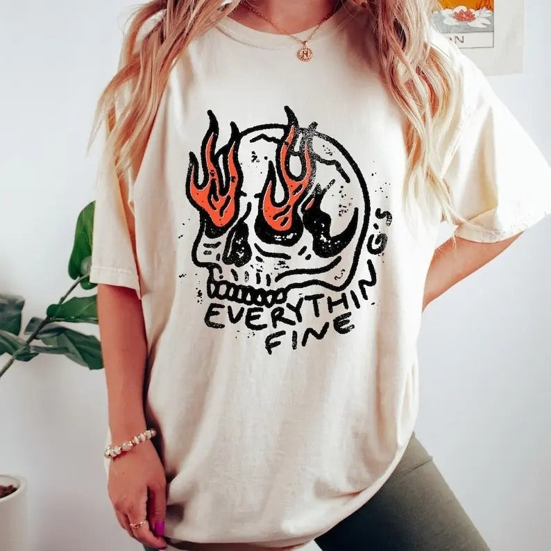 halloween party gift, horror movie shirt, halloween tshirt, Everything is Fine Skeleton Oversized Vintage T-shirt, Funny...