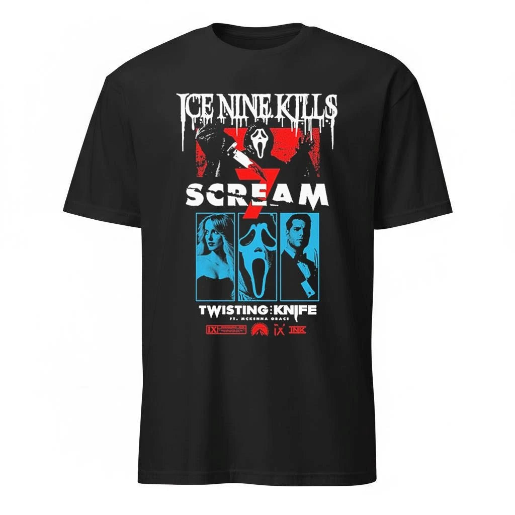 Ice Nine Kills x Scream 7 Ghostface Merch Curtain Call Tee Twisting Knife Black Shirt