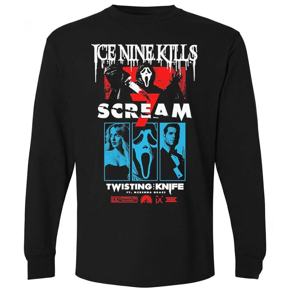 Ice Nine Kills x Scream 7 Ghostface Merch Curtain Call Tee Twisting Knife Black Shirt