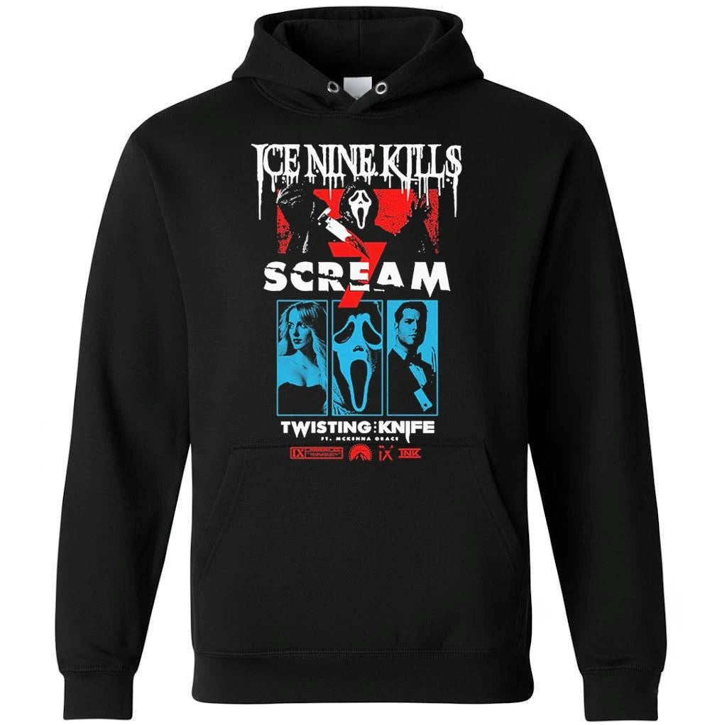 Ice Nine Kills x Scream 7 Ghostface Merch Curtain Call Tee Twisting Knife Black Shirt