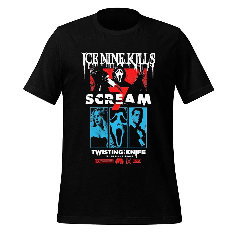 Ice Nine Kills x Scream 7 Ghostface Merch Curtain Call Tee Twisting Knife Black Shirt