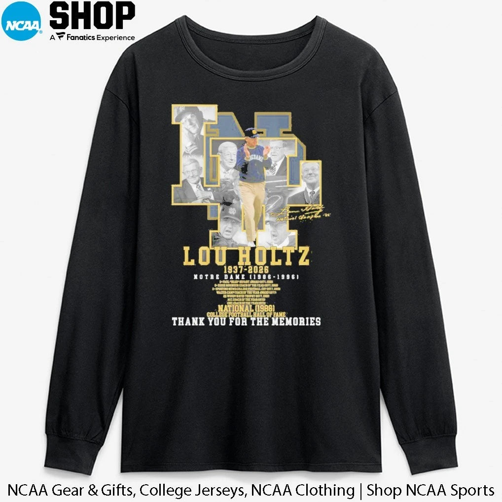 Lou Holtz 1937-2026 Notre Dame 1986-1996 National 1988 College Football Hall Of Fame Thank You For The Memories Signature T-Shirt