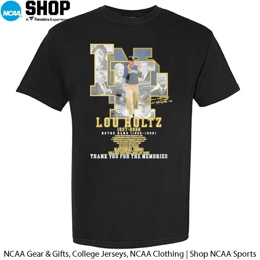 Lou Holtz 1937-2026 Notre Dame 1986-1996 National 1988 College Football Hall Of Fame Thank You For The Memories Signature T-Shirt