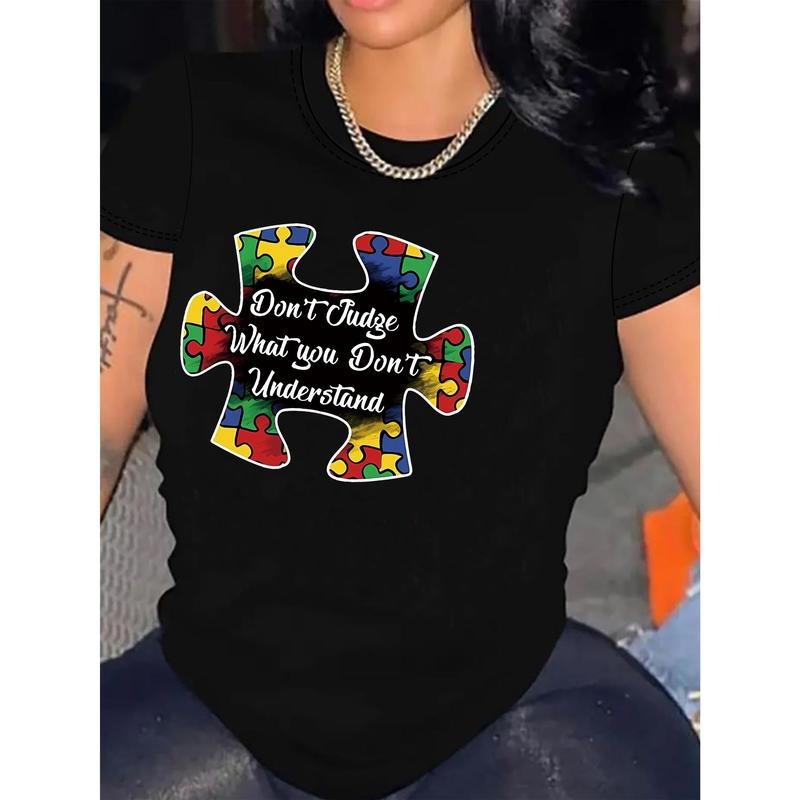 [100% Polyester Autism T-Shirt] Women'S Casual Polyester T-Shirt with Autism Awareness Puzzle Print, Crew Neck Short...