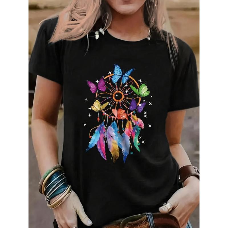 Butterfly Print Casual T-shirt, Polyester Blend Crew Neck Short Sleeve Tee for Women, Regular Fit, All Season, 180g/m²...