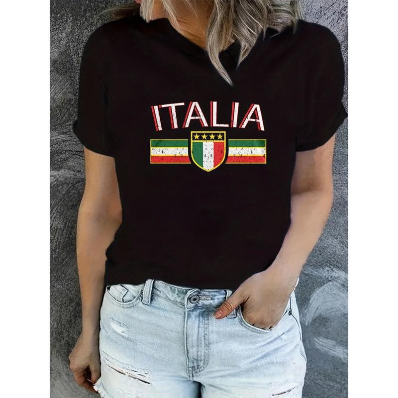 Women'S Spring/Summer Casual Crew Neck T-Shirt, Polyester Knit Fabric, Regular Length, with Italy Flag and Alphabet...