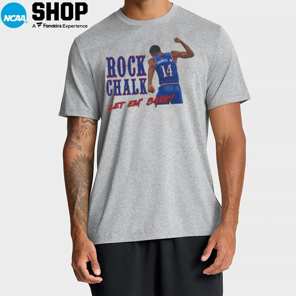 Melvin Council Jr. Kansas Jayhawks Rock Chalk Let Em’ Bark Fashion Player T-Shirt