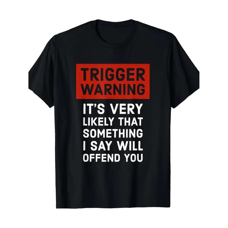 mens casual cotton t shirt trigger warning humorous print round neck     loose fit machine washable plus size black -1...