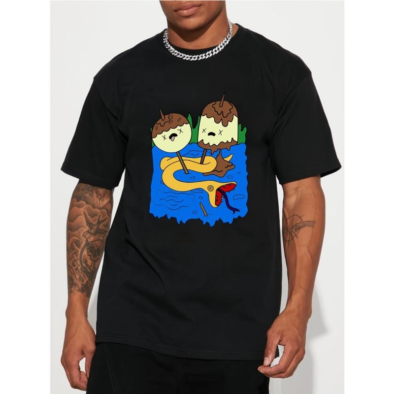 mens cotton t shirt black with colorful cartoon graphic print breathable comfortable round neck top for casual wear and...