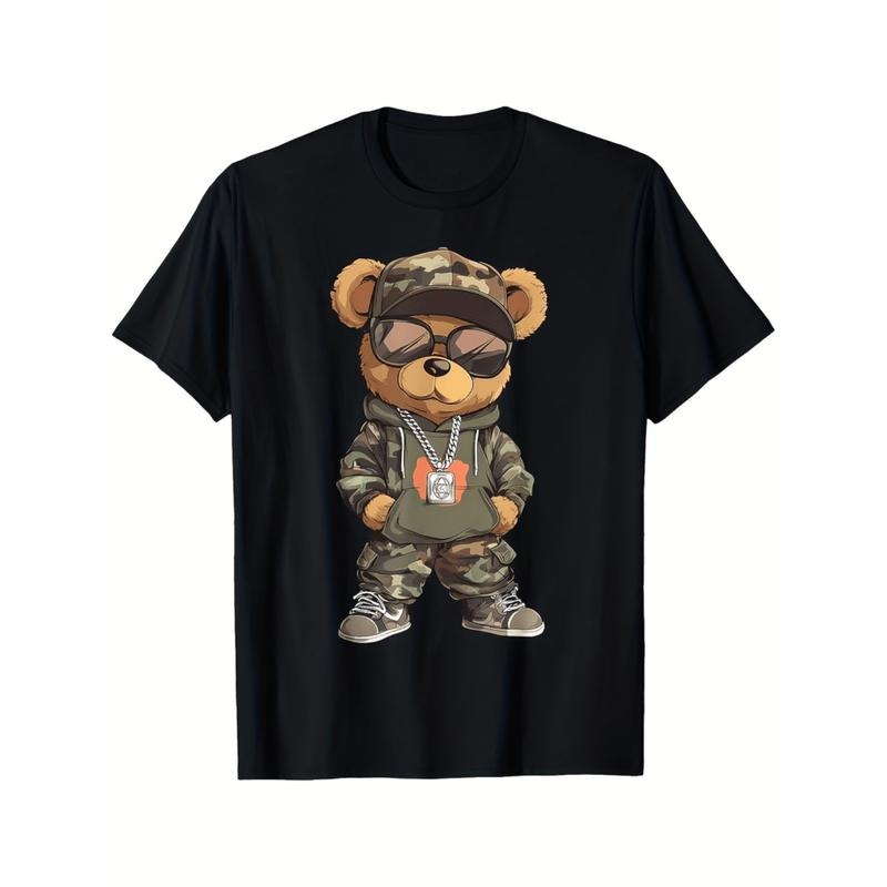 mens hip hop teddy bear graphic t shirt with camo print glasses chains design regular fit short sleeve casual streetwear...