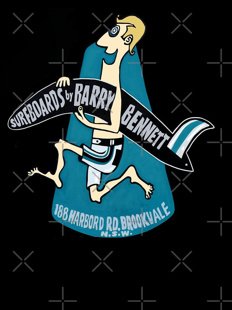 Vintage Australian Surfing logo T Shirt Barry Bennett running man art by Kludoman
