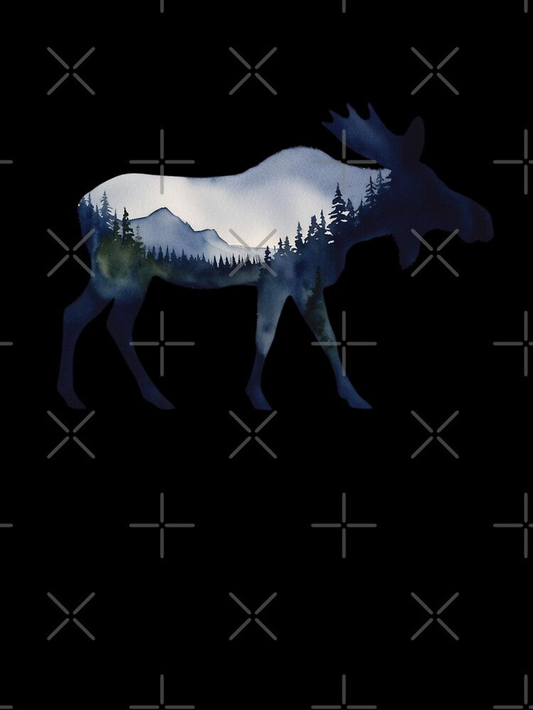 Moose Silhouette with inlay watercolor nature scene of a National Park, Forest, Trees Save Wilderness for Wildlife Hiking Camping Classic T-Shirt sticker by Mama.Does.Designs