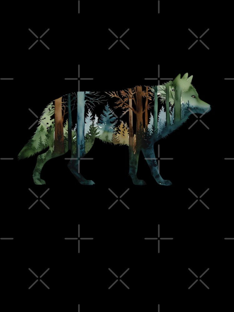 Wolf Silhouette with inlay watercolor nature scene of a National Park, Forest, Trees Save Wilderness for Wildlife Hiking Camping Classic T-Shirt sticker by Mama.Does.Designs