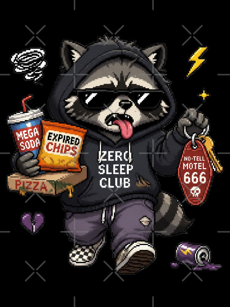 Zero Sleep Club Raccoon Pixel Art Graphic by Motel Mirage