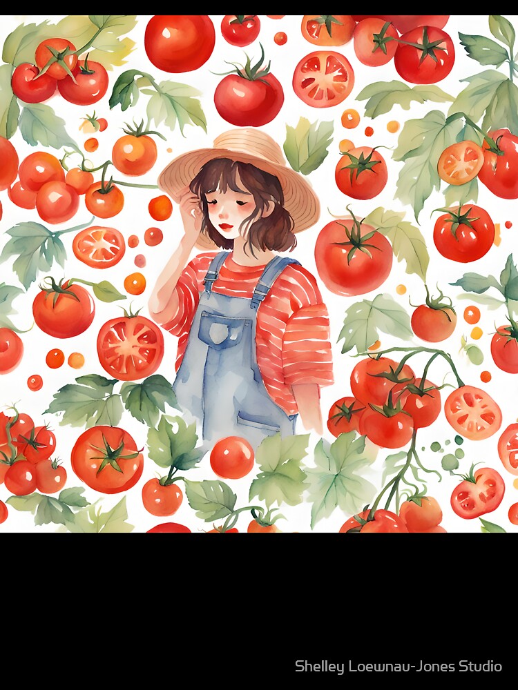 Sweet Summer Tomato Girl Gardener Watercolor by Shelley Loewnau-Jones Studio
