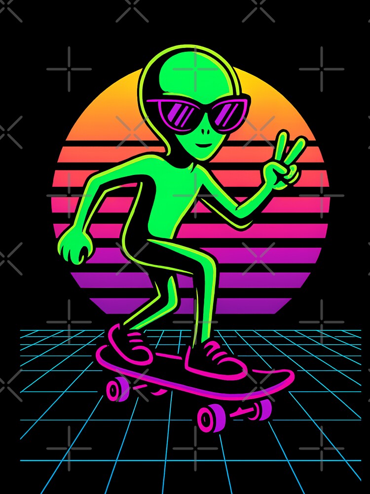 Neon Alien Skateboarding – Retro Sunset Vaporwave Tee by BambaKchula
