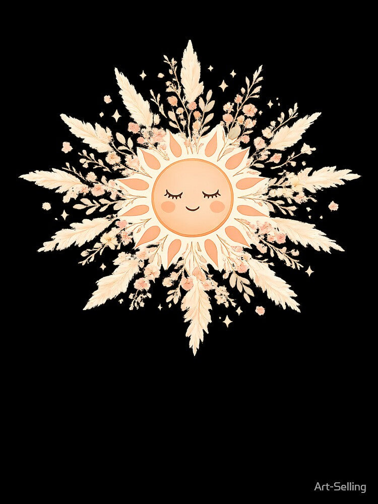 Boho Sun Face with Pampas Grass and Wildflowers — Celestial Floral Art by Art-Selling