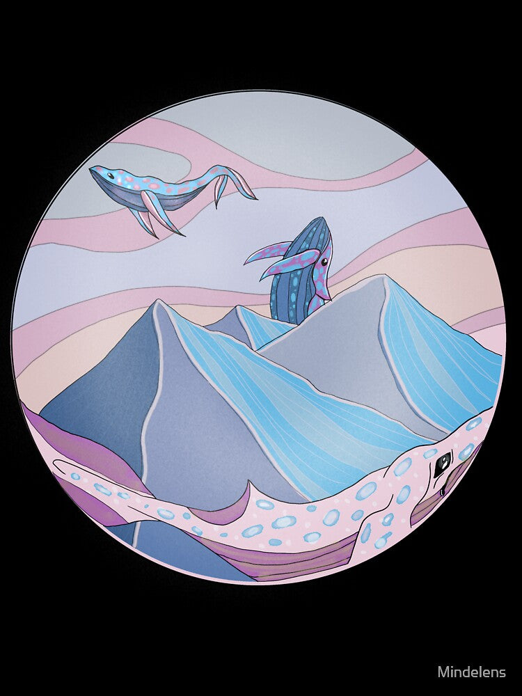 Colorful dreamcore whales above the mountains by Mindelens