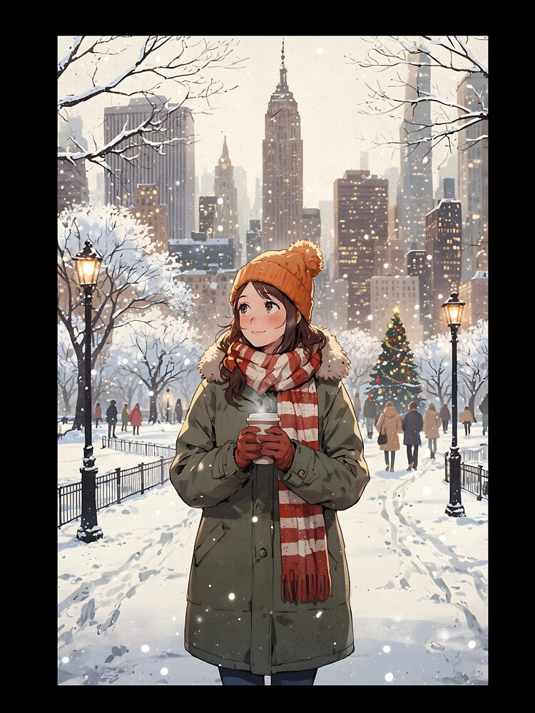 Anime Woman in Winter, Central Park, New York – Cozy Snowy Stroll by Chibifaceneko
