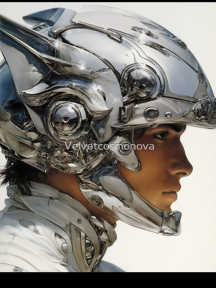 Futuristic Warrior Profile | Chrome Cyber Armor Sci-Fi Art Print by Velvetcosmonova