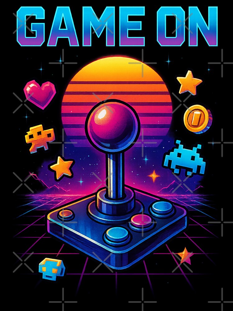 Retro Gaming Synthwave – Pixel Art Sunset with Neon Joystick by Designforyou86