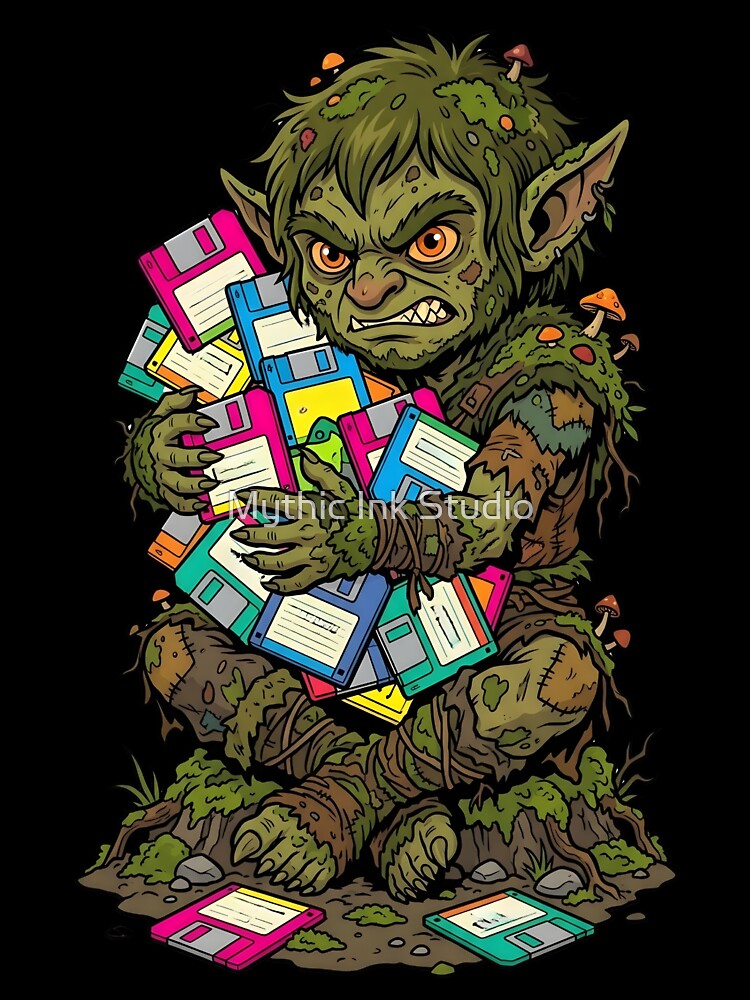 Cute Dirt Goblin Collecting Neon Floppy Disks - Dark Cottagecore & Vintage Tech by Mythic Ink Studio