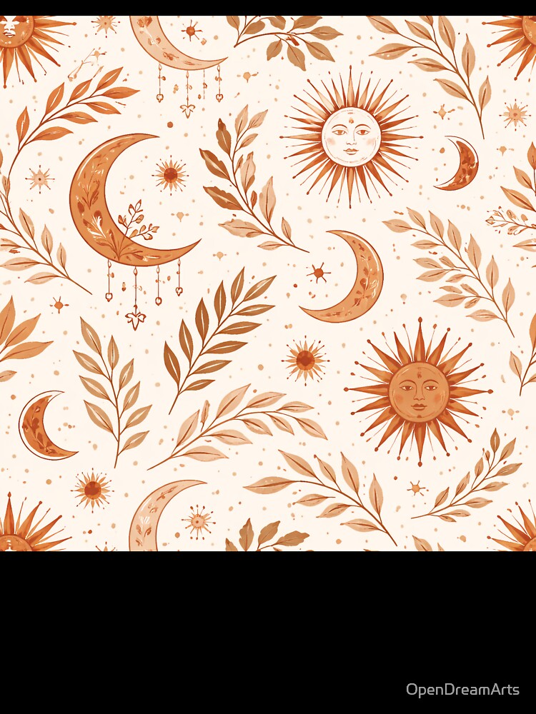 Boho Earth Pattern – Sun Moon & Leaves Terracotta Seamless Design by OpenDreamArts