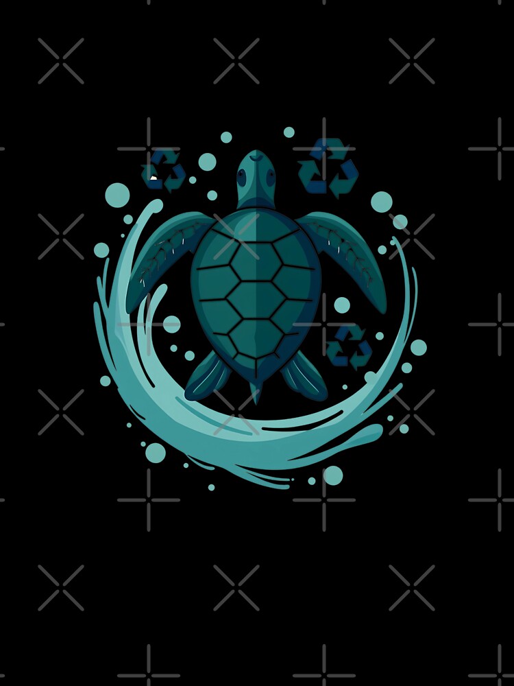 A Sea Turtle Swimming Through a Sea of Recycling Symbols in Shades of Blue and Green by VibeTCreations
