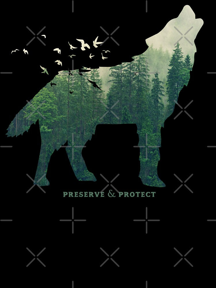 Preserve & Protect Wolf Silhouette National Park Nature Double Exposure Forest Save the Environment Climate Change Wilderness Hiking Camping by lanynx design