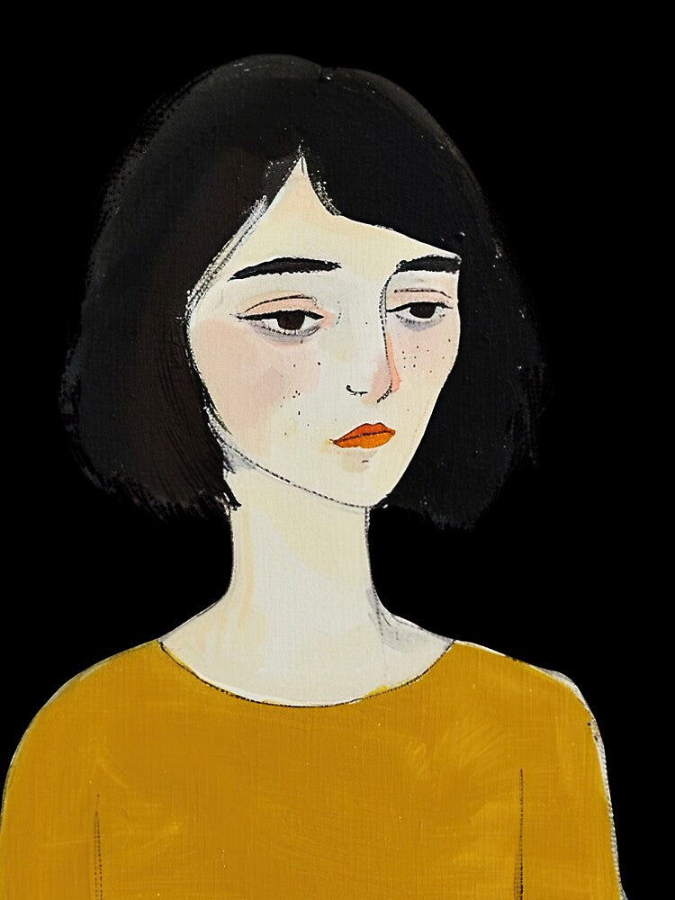 Minimalist Elegance: Black-Haired Woman Art Print by DepartToArt