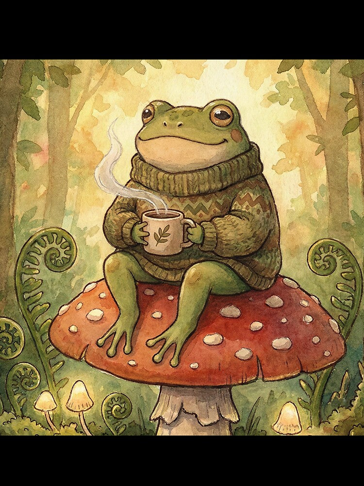 Cozy Goblincore Frog: Sweater & Tea on a Mushroom by AgingeR