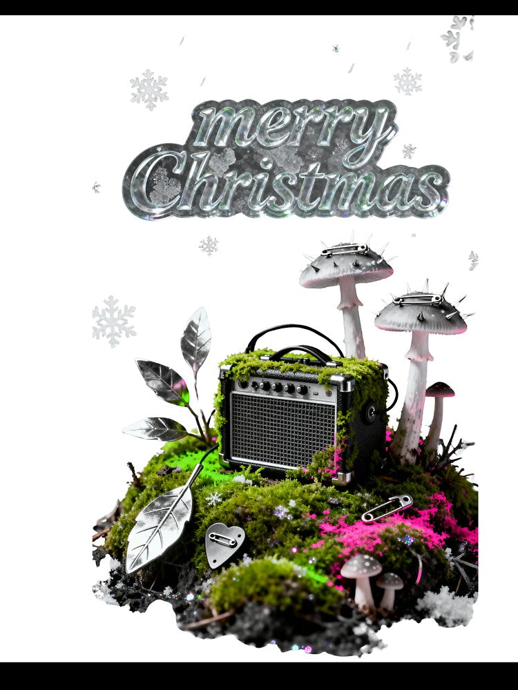 Punk Rock Christmas Sticker | Eco Punk Holiday Decal | Alternative Merry Christmas | Mossy Amplifier | Snowy Mushroom Scene by meetart15