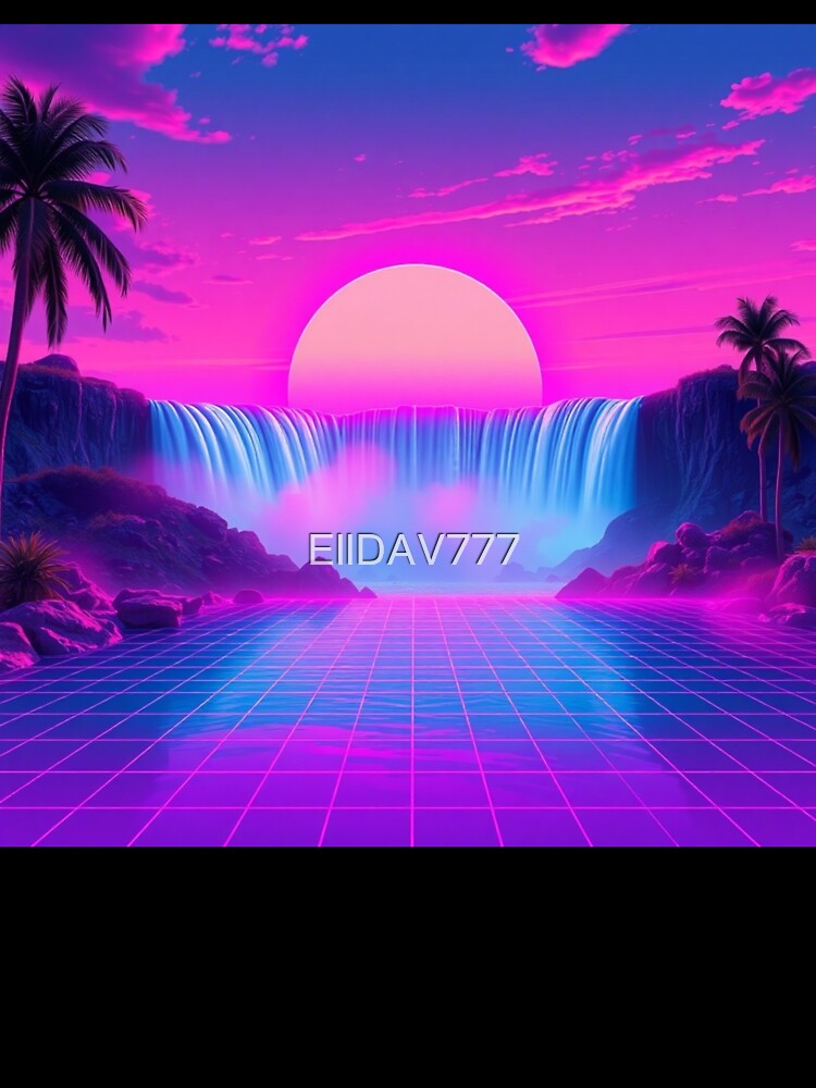 Vaporwave Waterfall Sunset Neon Grid Aesthetic Art Print - Synthwave Paradise Wall Decor by EllDAV777