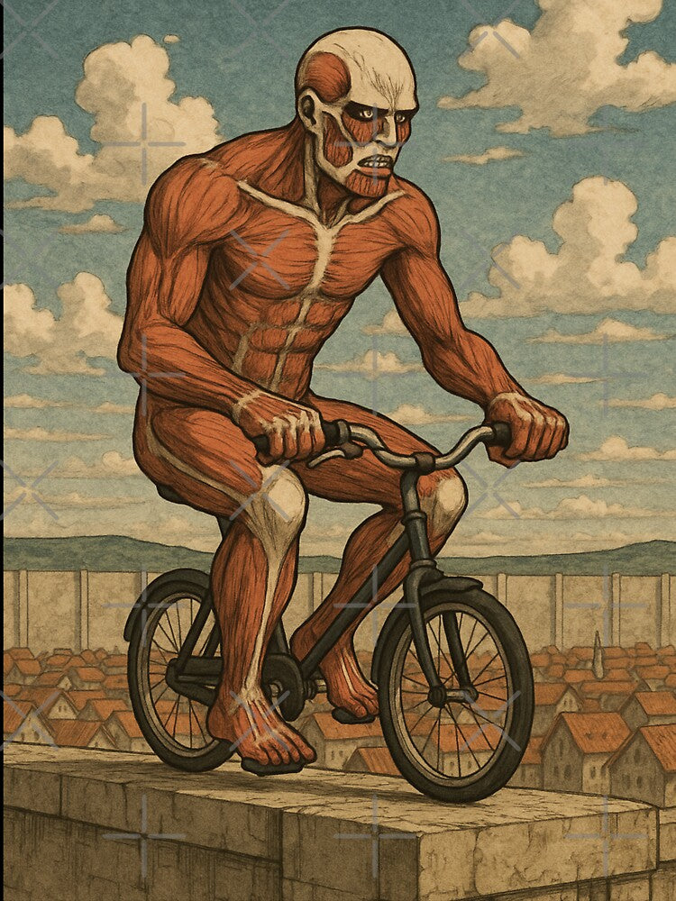 Colossal Titan Riding Bike - Surreal Anime Meme Art by TheoVerse