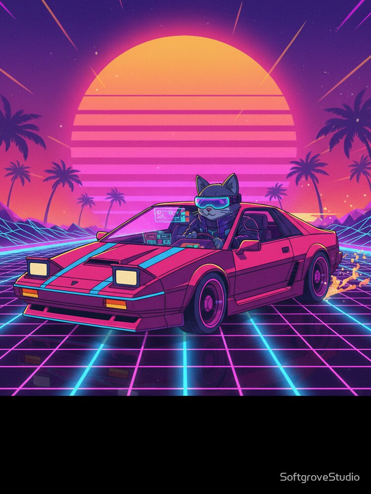 Synthwave Cat Cruiser at Neon Sunset by SoftgroveStudio