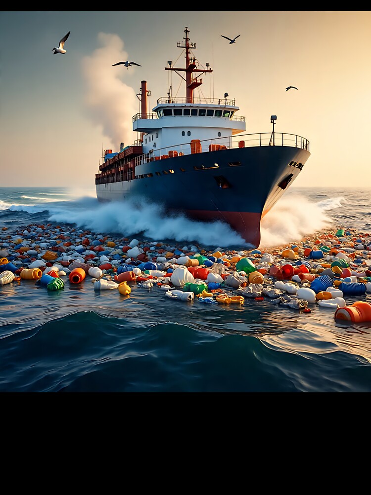 Ship Struggling Through Plastic Waste – Realistic 3D Ocean Pollution Art by AwesomeDigiShop