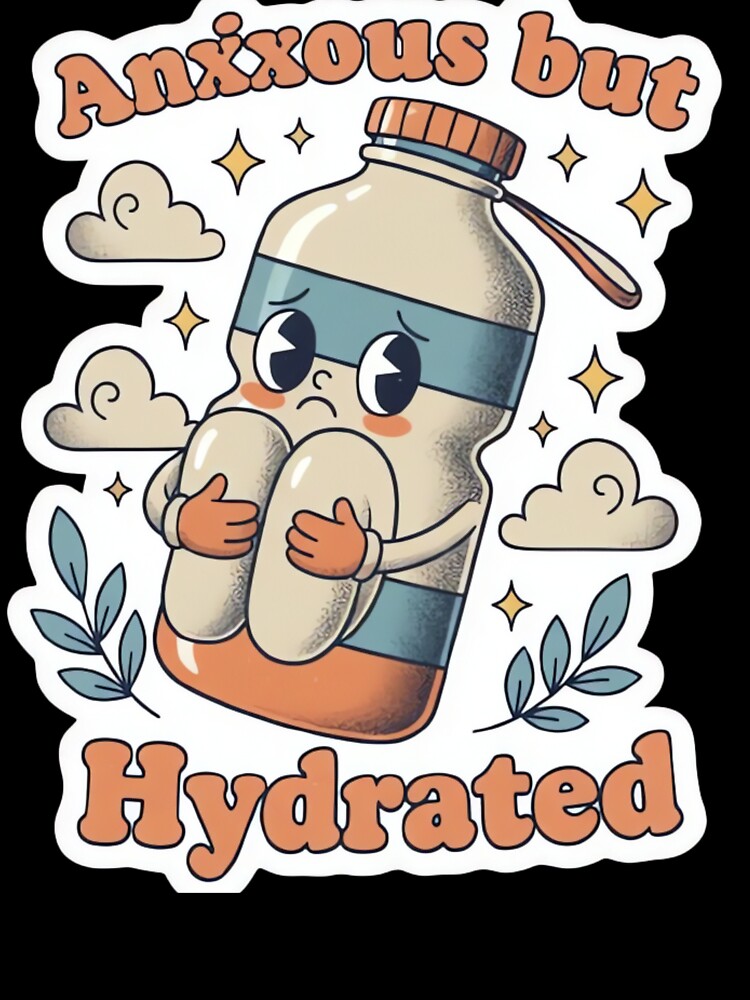 Anxious but Hydrated Cute Retro Water Bottle Anxiety Sticker Design by urbinet