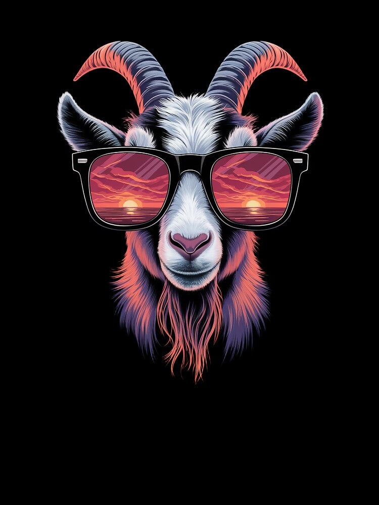 Cool goat with sunglasses – Stylish retro design with sunset by Globuwear