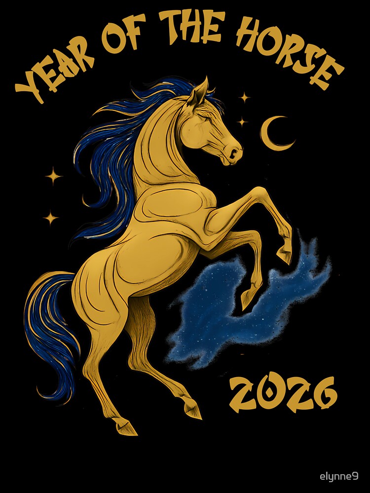 Year of the Horse 2026: Celestial Gold and Blue Zodiac Art by elynne9