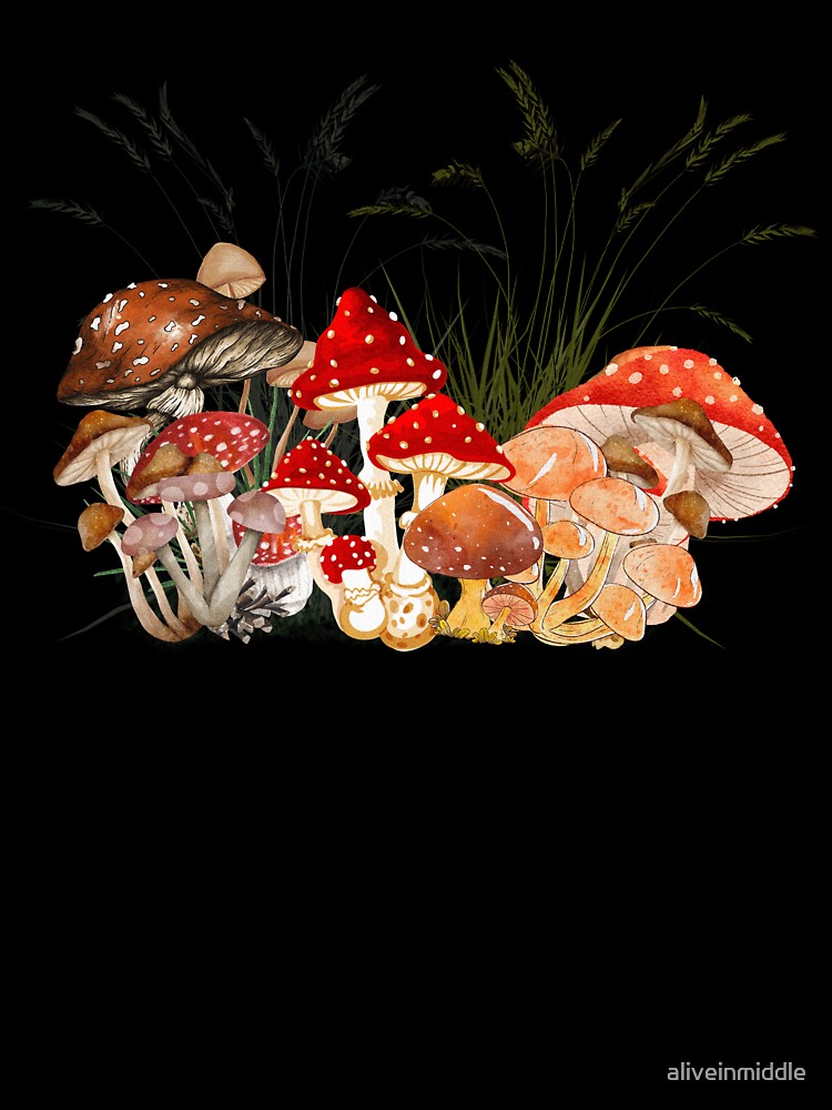 Mushrooms - Cottagecore style - black background by aliveinmiddle