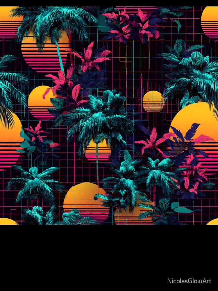 Retro 80s Synthwave Palm Tree Sunset Grid by NicolasGlowArt