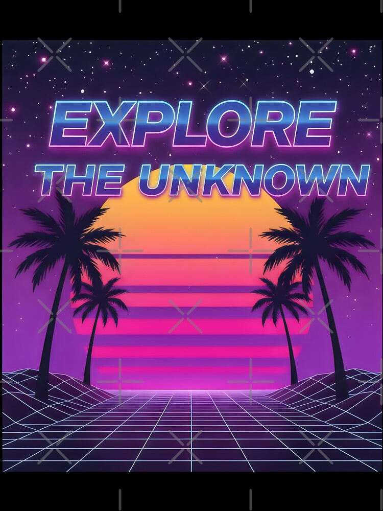 Explore the Unknown Synthwave Sunset Design with Grid, Palms and Retro Neon Vibes by SplashTastic