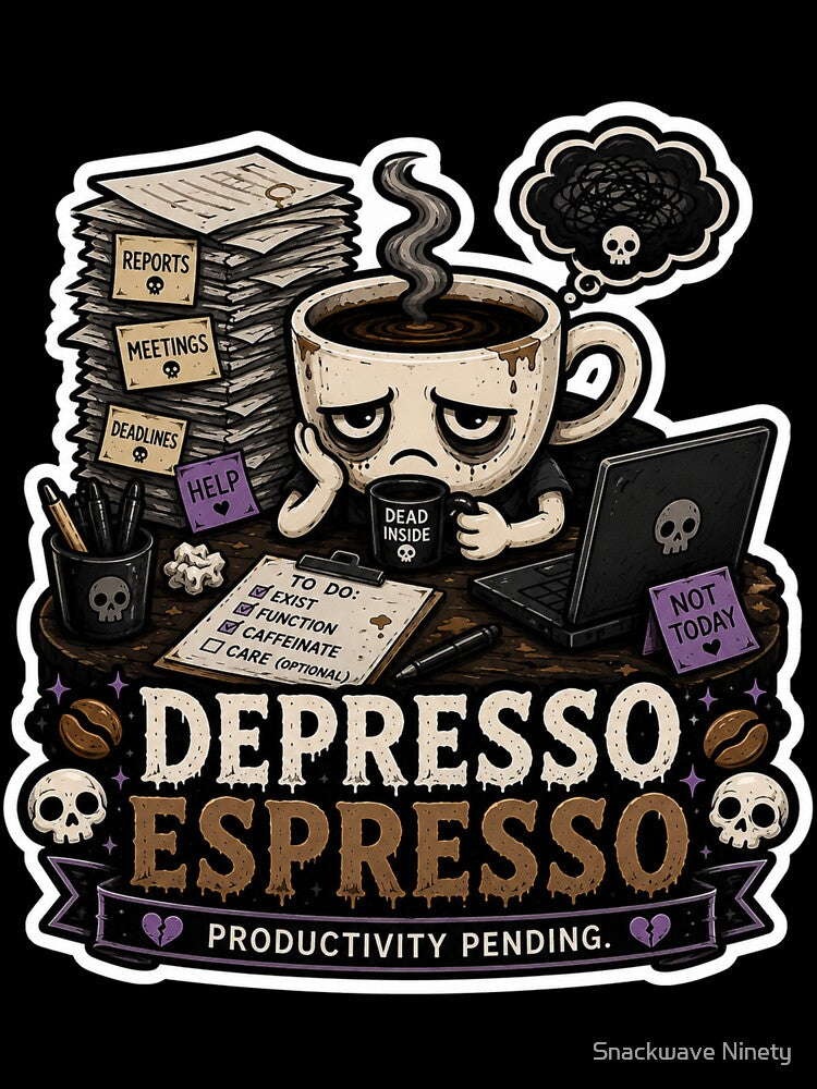 Depresso Espresso Goth Coffee Cartoon Sticker | Productivity Pending by Snackwave Ninety