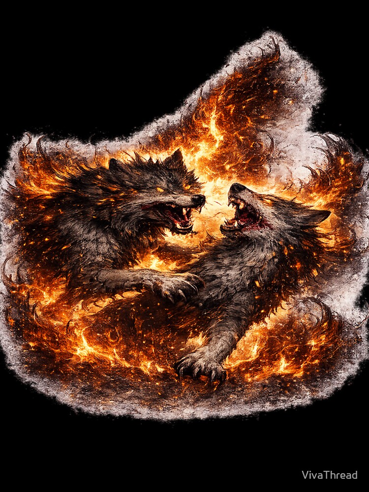 Alpha Wolf Battle T-Shirt – Dual Fire Wolves Dark Fantasy Graphic Tee by VivaThread