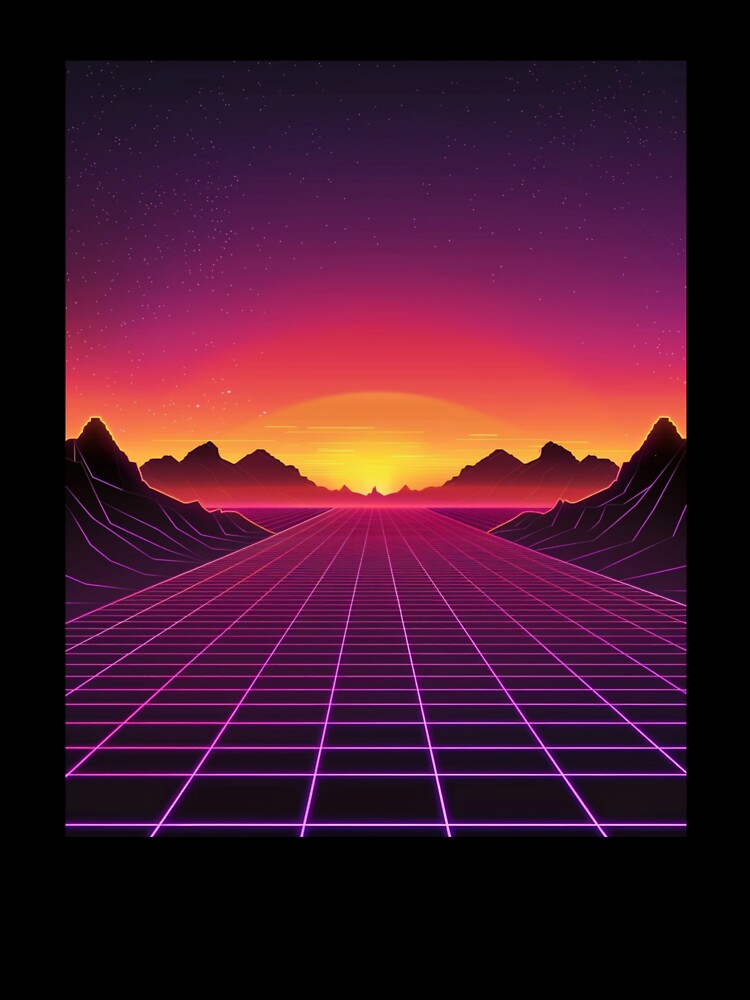 Neon Grid Sunset Synthwave Retro Landscape by RetroWaveArtCo