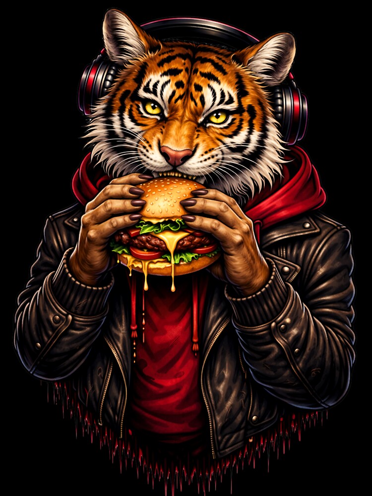 Street Tiger Eating Cheeseburger – Cool Urban Animal Hoodie Art by ColorSplash123